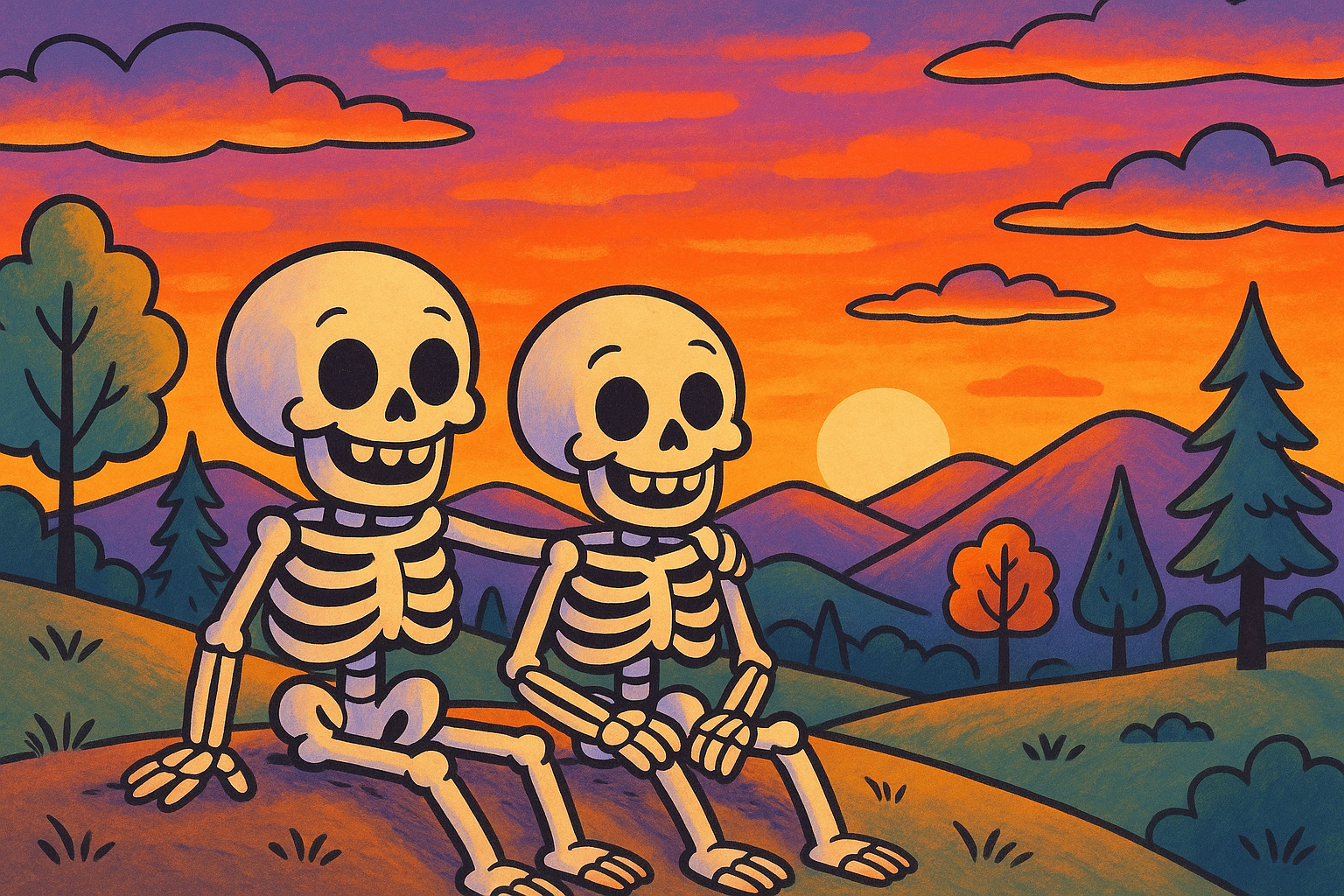 Two cartoon like skeletons watching the sunset near mountains and trees